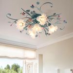 meibeileil Country Villa Ceiling Lights,Chandelier with Glass Lampshade and Pink Ceramic Roses,Vintage Flower Design Light Fittings Ceilings for Living Room Bedroom Restaurant Hallway