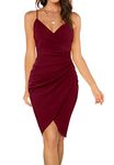 Owin Cocktail Party Dress for Women Sexy Wrap V Neck Sleeveless Pleated Bodycon Dress Knee Length Bridemaids Wedding Guest Dresses Wine Red Medium