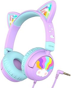 iClever IC-HS25 Kids Headphones Cat Ear, LED Light Up, 85dBA Safe Volume, Stereo Sound Toddler Headphones for Travel School, Foldable 3.5mm Wired Kids Headphones for iPad, Meow Lollipop-Purple