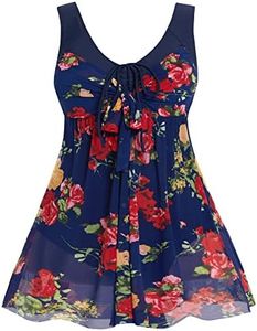 wantdo Women's Plus Size Swimdress Flower Printed Swimwear Cover Up Swimsuits Navy Red US 18-20