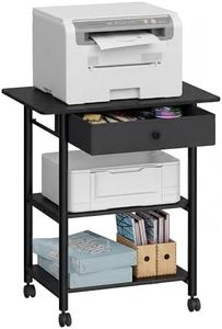 VASAGLE Printer Stand with Locking Wheels, Industrial Mobile Cart, Under Desk Printer Table for Home Office, 23.6 x 15.7 x 27.6 Inches, 2 Storage Shelves, Drawer, 3-Tier, Ebony Black