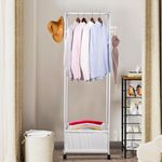 Naayaab Craft Luxury Bamboo Garment Rack with Storage Basket, Clothes Rail Rack, Cabinet Wardrobe Closet Organizer Clothes Rack with Wheels for Hanging Clothes, Coats, Skirts, Shirts - White