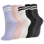 flintronic 5 Pairs Non-Slip Yoga Socks, Pilates Socks with Grips for women and men, Long Socks with Double Stripes, Sweat Absorption Cotton Full Toe Socks for Dance, Barre Ballet, Fitness, Home