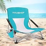 HAUSHOF Low Beach Chair, Mesh Back Folding Chair, Lightweight Low Seat Camping Chairs with Cup Holder, Carry Bag, Padded Armrest, for Outdoor Beach Lawn Camping Picnic Festival