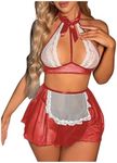 OYOANGLE Women's 4 Pack French Maid Costume Cosplay Halter Lingerie Set Cut Out Mesh Lace Teddy Babydoll Multicolor Medium