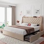 iPormis Queen Bed Frame with 4 Storage Drawers, Upholstered Platform Bed Frame with Type-C & USB Ports, Wingback Storage Headboard, Solid Wood Slats, No Box Spring Needed, Beige