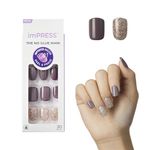 KISS imPRESS Press-On Manicure, Nail Kit, PureFit Technology, Short Press-On Nails, Square, Flawless, Includes Prep Pad, Mini File, Cuticle Stick, and 30 Fake Nails
