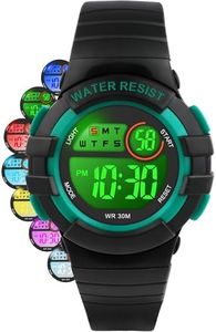 DTKID Kids Digital Watch, Outdoor Sports Watches for Boys and Girls, 3ATM Water Resistant, Colorful Lights/Monochrome Light Mode with Alarm and Stopwatch for Kids (Black and Green)