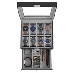 SONGMICS 8-Slot Watch Box, Lockable Watch Case with Glass Lid, 2 Layers, Black Synthetic Leather, Greenish Gray Lining UJWB080G01