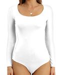 LAOLASI Women Scoop Neck Bodysuits Long Sleeve Bodysuit Sexy Slim Fit Cut Body Suit Jumpsuit Basic Tee Tops,White,S