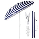 Sekey 1.6m Beach Umbrella with Ground Spike, Umbrella Cover, Eight Ribs Stable Parasol for Balcony, Garden & Patio. Tilt Angle and Height Adjustable, Sun Protection UPF 50+, Blue and White Stripes