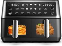10L Dual Air Fryer, 2 Drawers,10-In-1 Cooking Presets, Sync Cook & Finish, Smart Touch Screen, with Visual Window, Timer Function, Uses No Oil& Max Crisp, 50℃ to 200℃, 1-24H, Dishwasher Safe