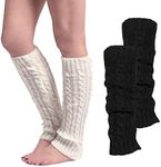 NITAIUN 2 Pairs Chunky Cable Knit Leg Warmers Solid Color Crochet Knitted Long Boot Cuffs Socks Boot Topper Socks Leg Cuffs Over Knee Leg Warmer Socks for Women Girls (Black,White)