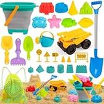 FUNWEGOT Beach Toy Sandbox Toys with Truck Collapsible Sand Bucket, Shovel Set, Sand Castle Kit, Animal Molds, Shell Mesh Bag, Travel Summer Outdoor Toys for Kids Toddlers Boys Girls Age 3+