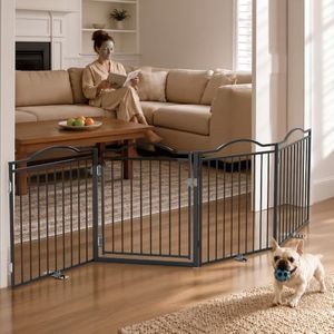 No Pawblems Free Standing Dog Gate & Dog Playpen, 4-Panel Foldable Metal Pet Fence with Door for Indoor Outdoor, Extra Wide Pet Gate for Stairs, Doorways, Deck, Yard, 104" W x 30 H, Black