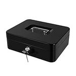 Cash Box with Money Tray Large Security Box Metal Lock Box for Money 9.84 x 7.87 x 3.54 Inches Black