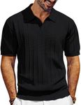 PJ PAUL JONES Mens Polo Shirts Short Sleeve Textured Knit Golf Shirts Collared V Neck Polo Shirts Black