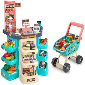 MEDca Kids Play Supermarket Set with Scanner - Pretend Play Grocery Shop Set - 47 Piece Complete Playset with Cash Register Credit Card Machine Scanner Shop Trolley and Food Gift for Boys and Girls