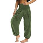 Nuofengkudu Ladies Pleated Hight Waist Trousers with Pockets Loose Retro Plain Lightweight Hippie Bloomers Harem Yoga Pants Comfy Leisure Lounge Wear Summer Holiday Streetwear Dark Green M