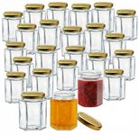 Offer Shop Glass Jam Jars with Lids Storage Mason Jars with Gold Lid | 190ml Hexagonal Jars with Sticker Labels Air tight Jars for Spice Jam Jelly- 24 Set