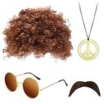 SKHAOVS 4 Pcs Hippie Costume Set, Disco Hippie Costume 70s/ 80s Hippy Fancy Dress Accessories, Funky Afro Wig, Hippie Funky Sunglasses, Disco Necklace Fake Mustache for Mens Kids (4 Pcs)