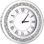 DMDFIRST Silver Round Mirror ,12inch Crystal Sparkle Twinkle Bling Crush Diamond Mirrored Wall Clock for Wall Decoration Silver Glass Mirror Home Decor. AA Battery is not Included.