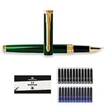 Dryden Designs Fine Nib Fountain Pen - Includes 24 Ink Cartridges - 12 Black and 12 Blue - Emerald Green - Smooth Elegant Writing with Fine Nib and Ink Converters