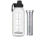 Instacuppa Glass Water Bottle With Infuser, Recipes Ebook, Time Markings, Sipper Lid, Neoprene Sleeve - (1000 Milliliters, Black) - 1 L