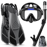 Lealinga Snorkel Set Adults with Flippers, Diving Set with Snorkel Mask, Dry Snorkel, Adjustable Flippers, Snorkelling Packages for Men and Women Scuba Diving Snorkel Mask Fins 3 Piece Snorkel Set