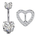 Crdifu 2pcs Silver Belly Bars 10mm Surgical Steel 14G Heart Belly Button Rings Piercing Jewellery with CZ