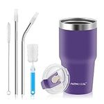 PATMOSEAL Insulated Travel Tumbler 660ml with BPA-Free Leak-Proof Screw-on Lid & 2 Straws for Hot & Iced Drinks, 22oz Vacuum Cup with Hand Carrier Pouch Fit for Car Holder (Violet)