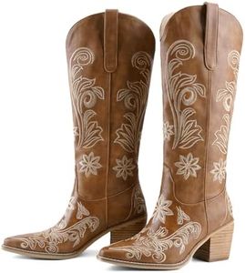 QIV Brown Cowboy Boots for Women Western Pointed Toe Chunky Heel Mid Calf Cowgirl Boots with Embroidered Floral Size 11