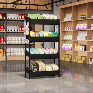 Tribesigns 4-Tier Retail Display Rack Stand, Wooden Snack Candy Rack, Heavy-Duty Wood Metal Concession Stands, Storage Shelf Organizer for Potato Chip (2, Black)