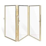 Navaris Folding Triple Photo Frame - Fits 15x10cm Photos - Double-Sided Brass and Glass Picture Frame for Multiple Portrait Pictures - Size S, Gold