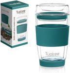 Tupkee Double Wall Glass Tumbler - 8-Ounce, All Glass Reusable Insulated Tea/Coffee Mug & Lid, Hand Blown Glass Travel Mug - Cyan