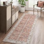 JINCHAN Runner Rug 2x8 Hallway Brick Red Vintage Rug Traditional Area Rug Kitchen Rug Retro Floor Cover Thin Rug Distressed Floral Print Indoor Mat Bedroom Living Room