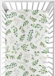 Sweet Jojo Designs Floral Leaf Girl Fitted Crib Sheet Baby or Toddler Bed Nursery - Green and White Boho Watercolor Botanical Woodland Tropical Garden