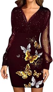 ZPLxi Women's Summer Floral Dress V-Neck Lace Long Sleeve Butterfly Print Sexy Elegant Cocktail Skirt for Party Wedding New Year