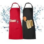 XCOZU 2 Pack Cooking Chef Kitchen Apron for Men Women Waterproof, Adjustable Red Apron and Black Apron with Pockets,Adults Cotton Polyester Professional Apron Catering Barista Butchers Long Apron