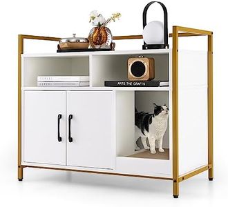 Costway Cat Litter Box Enclosure, Hidden Cat Washroom with Storage & Cat Scratch Pad, Indoor Pet Crate w/Golden Metal Frame, Modern Cat Furniture for Bedroom, Living Room, White