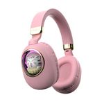 Girls Kids Headphones Wired - Pink Noise Cancelling Wireless Headphones for Kids for School - Over Ear Light Up Foldable Cat Bluetooth Gaming Headset with Microphone for iPad Kindle Tablet PC Travel