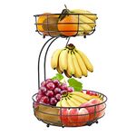 Lekind Fruit Bowl with Banana Hanger 2-Tier Fruit Basket Veg Rack Fruit Bowls Metal Storage Rack , Keeps Fruits and Vegetables Fresh