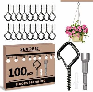 Sexoeie 100 PCS Black Eye Screw Hooks for Hanging Heavy Duty with Safety Buckle.Metal Ceiling Hooks for Hanging Plants Cup Wind Chime Bird Feeders Patio Lights At Indoor&Outdoor