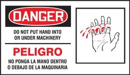 Accuform Signs SBLEQM023VSP Spanish Bilingual Safety Label Legend DANGER DO NOT PUT HAND INTO OR UNDER MACHINERY/PELIGRO NO PONGA LA MANO DENTRO DE O BAJO DE LA MAQUINARIA with Graphic 4 Length x 7 Width x 0.004 Thickness Adhesive Vinyl Red/Black