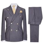 Mens Pinstripe Suit 2 Piece Double Breasted Suit Wedding Business Dress Blazer and Pants （48, Grey）