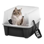 IRIS USA Large Open Top Cat Litter Tray with Scoop and Scatter Shield, Sturdy Easy to Clean Open Air Kitty Litter Pan with Tall Spray and Scatter Shield, Black