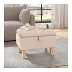 INMOZATA Linen Fabric Footstool Storage Upholstered Ottoman Pouffe Stool Change Shoe Footrest Wooden Legs for Living Room Bedroom Beige