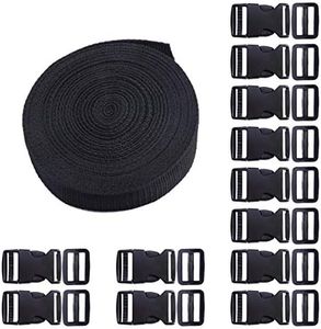 BEADNOVA Plastic Buckle Kit Nylon Strap with Buckle 12 Sets Quick Release Buckle 1 Inch and Tri-Glide Slides with 11 Yards Nylon Strapping 1 Inch (Black), Black