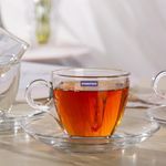 FINSTER Premium Glass Tea Cups and Saucer Set of 6, (6 Cups and 6 Saucers) - 190 ML, Transparent, Stylish Handle Coffee Cups and Saucer Set for Green, Herbal, Lemon Tea (Ideal for Guest)