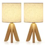 UOMIO Tripod Table Lamp Set of 2 for Bedroom Wooden Bedside Lamps with Tripod Base and Beige Linen Shade Small Cozy Desk Lamps Lights for Living Room Decoration, Warm Atmosphere